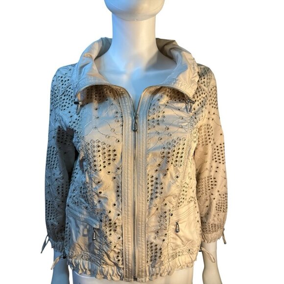 White House Black Market Eyelet Tan 3/4 Sleeves Drawstring Jacket, Size 8, EUC - Picture 1 of 10